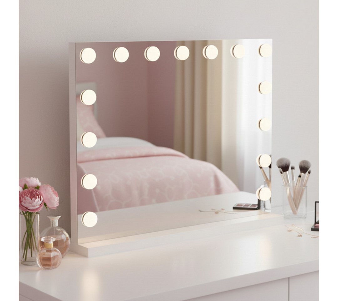 Bellamio Schminkspiegel Livny mit und ohne dimmbarer LED-Beleuchtung (15 LED-Glühbirnen, USB-Ladeanschluss, Vergrößerungsspiegel, Wandmontage/Freistehend), Hollywood Spiegel mit 3 Farbtemperaturen & Touchscreen von Bellamio