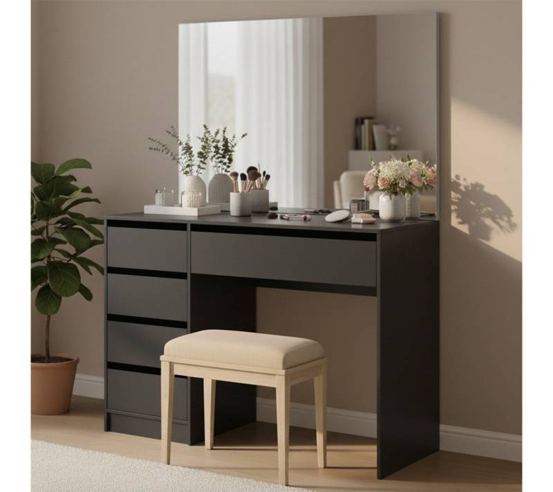 Bellamio Schminktisch Nore mit Spiegel und LED-Beleuchtung (Schwarz, ohne Beleuchtung, 5 Schubladen, 110x70x53 cm), Kosmetiktisch mit HD-Spiegelglas, Schubladen beidseitig montierbar von Bellamio