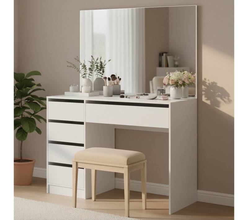 Bellamio Schminktisch Nore mit Spiegel und LED-Beleuchtung (Weiß, 5 Schubladen, 110x70x53 cm), Kosmetiktisch mit HD-Spiegelglas, Schubladen beidseitig montierbar von Bellamio