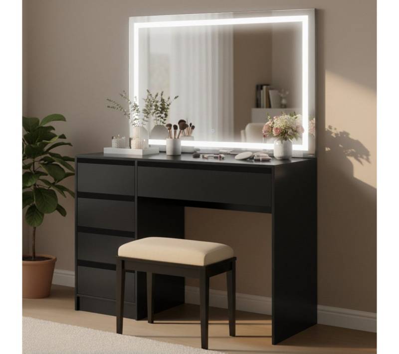 Bellamio Schminktisch Nore mit Spiegel LED-Beleuchtung (Schwarz, 5 Schubladen, 110x70x53 cm), Kosmetiktisch mit 3 Farbstufen & Touch-Sensor von Bellamio