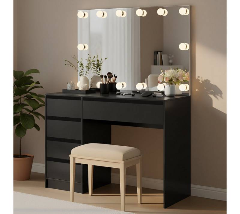 Bellamio Schminktisch Nore mit Spiegel LED-Beleuchtung (Schwarz, 5 Schubladen, 110x70x53 cm), Kosmetiktisch mit 3 Farbstufen & Touch-Sensor von Bellamio