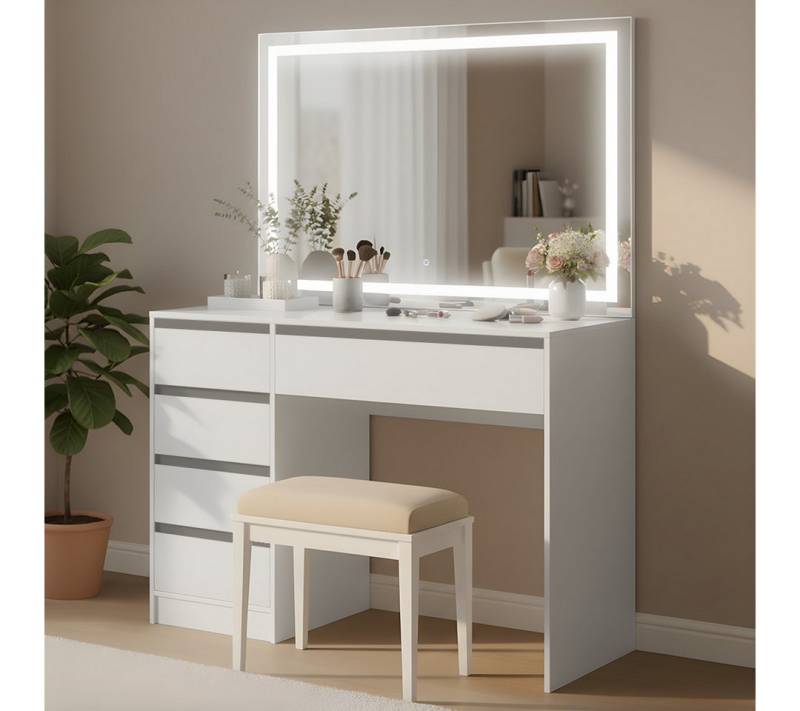 Bellamio Schminktisch Nore mit Spiegel LED-Beleuchtung (Weiß, 5 Schubladen, 110x70x53 cm), Kosmetiktisch mit 3 Farbstufen & Touch-Sensor von Bellamio