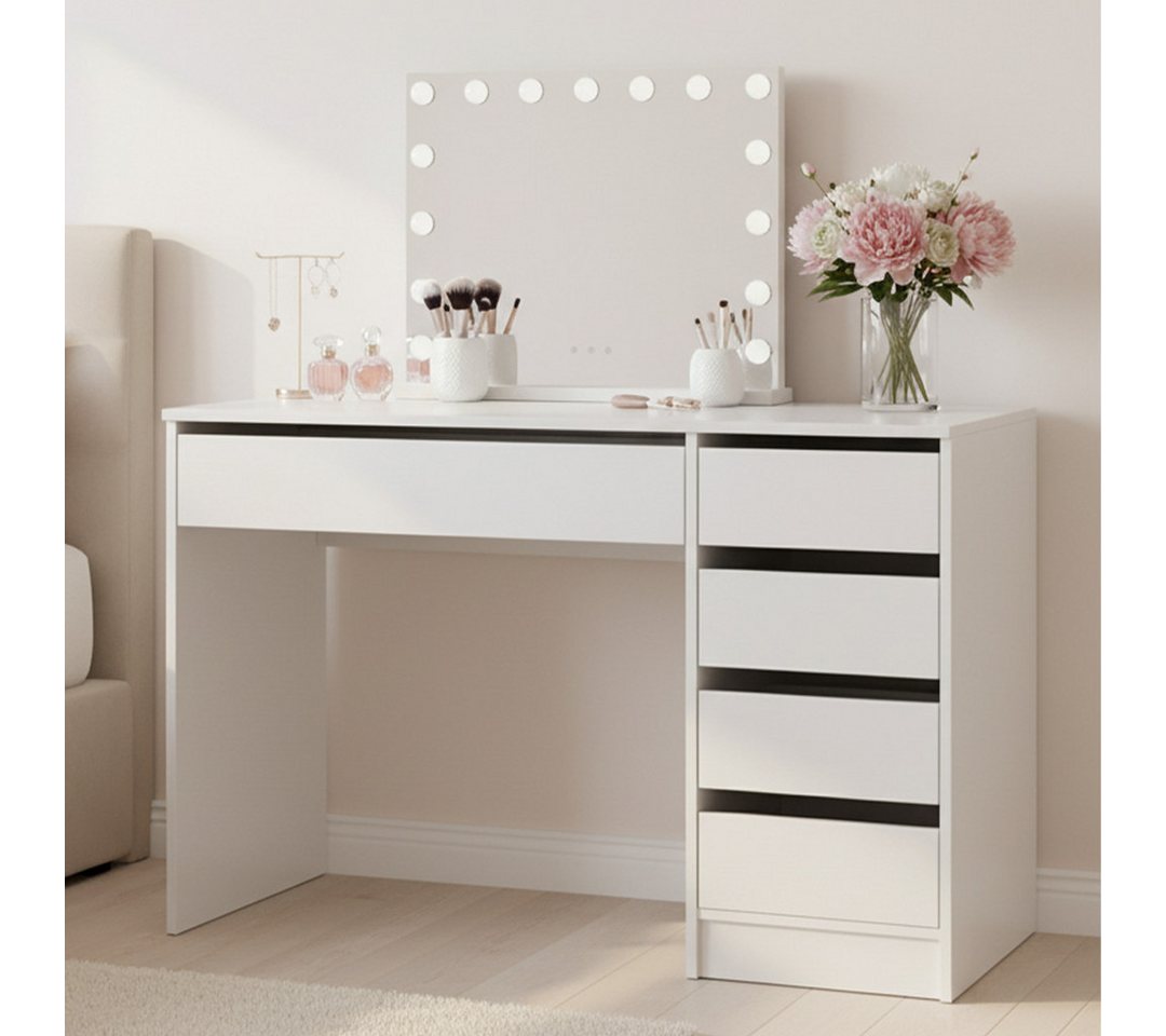 Bellamio Schminktisch Nore mit Spiegel, mit und ohne LED-Beleuchtung (Weiß, 5 Schubladen, 110x70x53 cm), Kosmetiktisch mit 3 Farbstufen & Touch-Sensor, USB-Anschluss von Bellamio