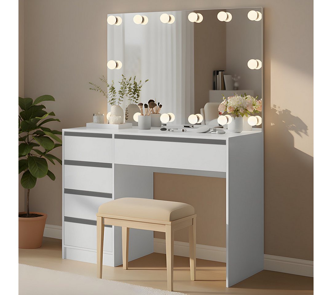 Bellamio Schminktisch Nore mit Spiegel und LED-Beleuchtung (Weiß, 5 Schubladen, 110x70x53 cm), Kosmetiktisch mit 3 Farbstufen & Touch-Sensor von Bellamio