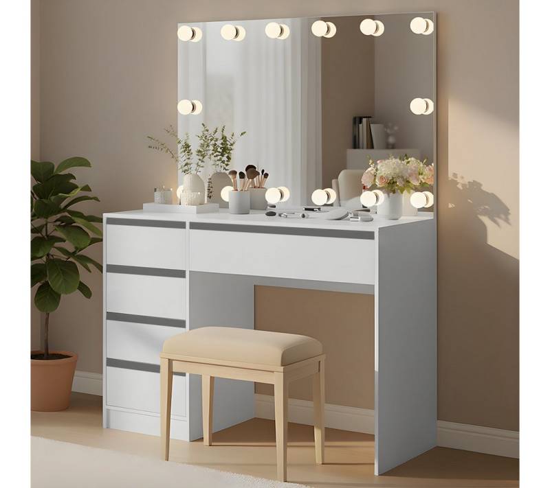 Bellamio Schminktisch Nore mit Spiegel und LED-Beleuchtung (Weiß, 5 Schubladen, 110x70x53 cm), Kosmetiktisch mit 3 Farbstufen & Touch-Sensor von Bellamio