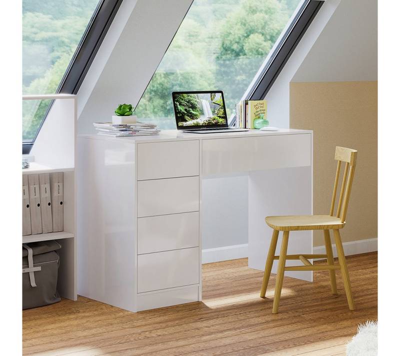 Bellamio Schreibtisch Livny mit 5 Schubladen beidseitig montierbar (Push-To-Open, weiß), 53x110cm, mit & ohne Spiegel verfügbar von Bellamio