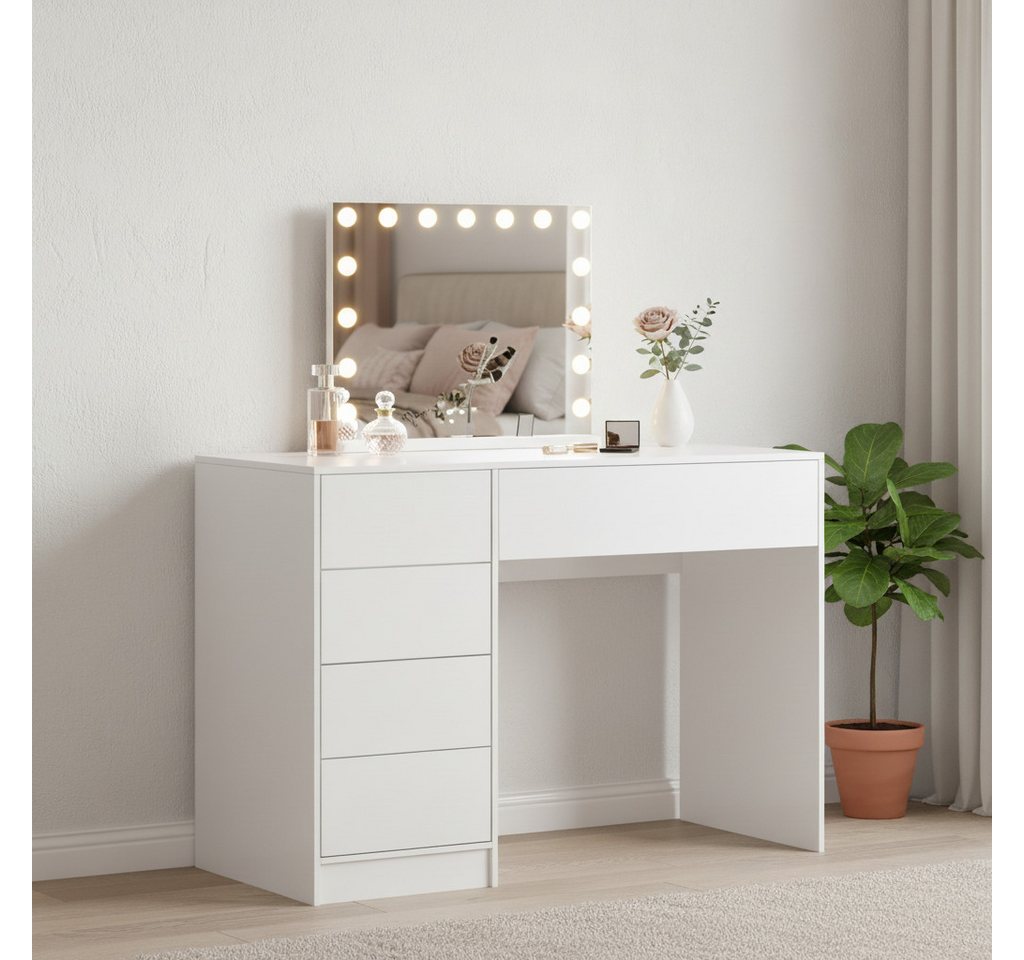 Bellamio Schreibtisch Livny mit 5 Schubladen beidseitig montierbar (mit Hollywood-Spiegel, USB-Anschluss, weiß), 80x53x110 cm, 3 Farbstufen mit Touch-Sensor von Bellamio