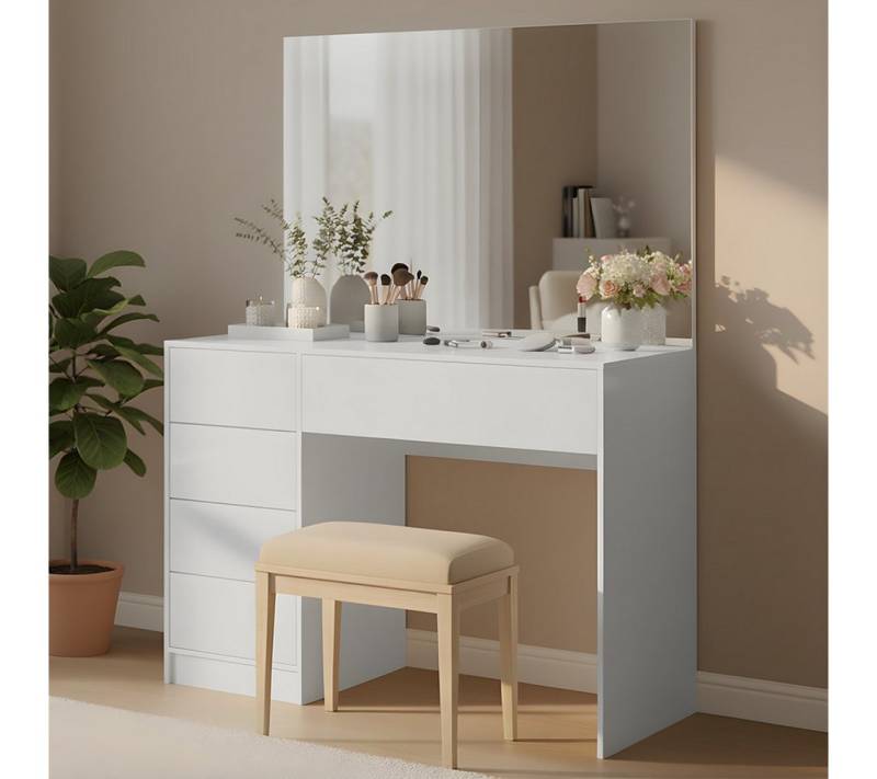 Bellamio Schreibtisch Livny mit 5 Schubladen beidseitig montierbar (mit Schminkspiegel, weiß), 80x53x110 cm von Bellamio