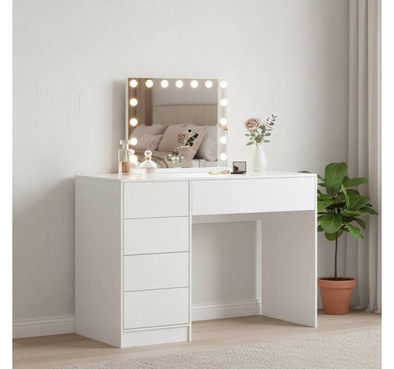 Bellamio Schreibtisch Livny mit 5 Schubladen beidseitig montierbar (mit Spiegel LED-Glühbirnen, weiß), 53x110 cm, mit & ohne Spiegel verfügbar von Bellamio