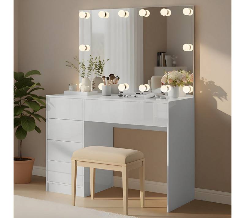 Bellamio Schreibtisch Livny mit 5 Schubladen beidseitig montierbar (mit Spiegel LED-Glühbirnen, weiß), 53x110 cm, mit & ohne Spiegel verfügbar von Bellamio