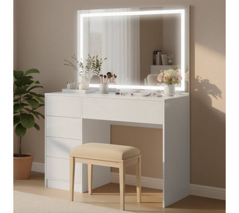 Bellamio Schreibtisch Livny mit 5 Schubladen beidseitig montierbar (mit Spiegel LED-Strip, weiß), 53x110 cm, mit & ohne Spiegel verfügbar von Bellamio