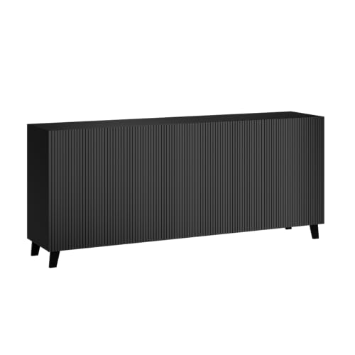 Bellamio Tana Kommode schwarz – Sideboard 185 cm lang geriffelt – TV Schrank mit 4 Türen und 8 Fächern – Lowboard stehend für Wohnzimmer/Esszimmer/Schlafzimmer – Fernsehschrank matt mit MDF-Front von Bellamio