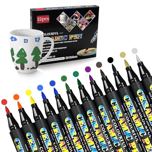 Bellanova 12 Farben Porzellanstift Set, Einspitz-Faserspitze Porzellanstifte Spülmaschinenfest, Keramikstift geeignet für Porzellan, Keramik, Glas und Stein Malerei & Dekoration (12 Farben) von Bellanova