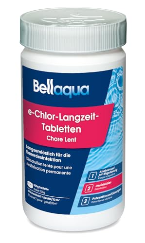 Bellaqua e-Chlor-Langzeit-Tabletten 200 g (1 kg) - Chlor Tablette Pool, Langzeit Chlortablette, Wasserdesinfektion Chlor organisch - langsam löslich - Tablette Poolchemie, Wasserreinigung, Poolpflege von Bellaqua