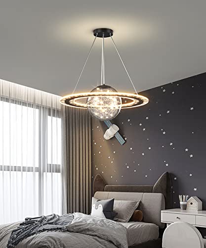 Bellastein Dimmbar Planet Hängelampe Rund Design Modern Kinderzimmer Deckenleuchte mit Fernbedienung und Glaskugel Pendellampe Höhenverstellbar Schlafzimmer Wohnzimmerlampe (Schwarz, L48cm/31W) von Bellastein