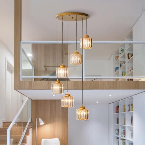 Bellastein Drehbare Treppe Pendelleuchte Luxus Einfaches Kristalllicht LED Hängeleuchte Hotel Wohnung Hoch Duplex Gebäude Wohnzimmer Große Villa Lange Kronleuchter (Gold, 6-Köpfe) von Bellastein