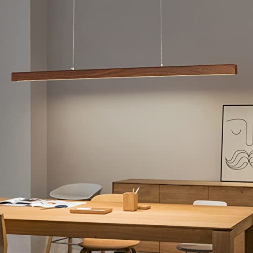 Bellastein LED Holz Pendelleuchte Moderne Dimmbare Linear Design Hängeleuchte mit Fernbedienung Esstisch Hängelampe Höhenverstellbar Esszimmer Büro Wohnzimmer Kronleuchter (Farbe Walnuss, L100cm) von Bellastein