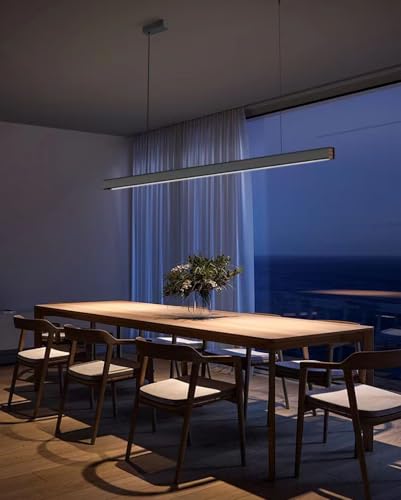 Bellastein LED Pendelleuchte Esstisch Hängeleuchte Holz Mit Fernbedienung, Moderne Linear Design Höhenverstellbar Küchenlampe Hängend, Hängelampe Schwarz Für Büro Esszimmer Esszimmerlampen (120 cm) von Bellastein