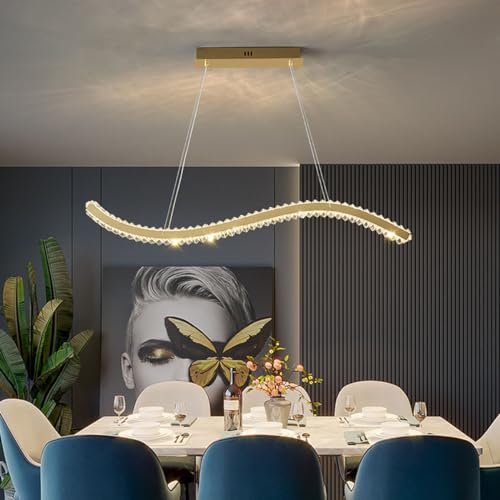 Bellastein Modern Kristall Pendelleuchte Gold Kronleuchter Lampe Wellen Hängeleuchte Dimmbar Hängeleuchte Höhenverstellbar Esszimmer Küchenlampe mit Fernbedienung Decke Lampe (L100cm) von Bellastein