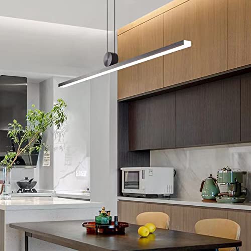 Bellastein Modern LED dimmbare Pendelleuchte mit Fernbedienung Pendellampe kreativ linear Design Büroleuchter Schwarz esstischlampe höhenverstellbar Kronleuchter, für Wohnzimmer-Inselbar (L120cm) von Bellastein