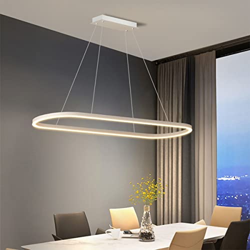 Bellastein Moderne Esstisch Pendelleuchte LED Dimmbar Hängelampe Oval Höhenverstellbarer Kronleuchter mit Fernbedienung für Esszimmer Küchenlampe Blendfrei (Weiß, L100cm) von Bellastein