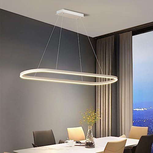 Bellastein Moderne Esstisch Pendelleuchte LED Dimmbar Hängelampe Oval Höhenverstellbarer Kronleuchter mit Fernbedienung für Esszimmer Küchenlampe Blendfrei (Weiß, L120cm) von Bellastein