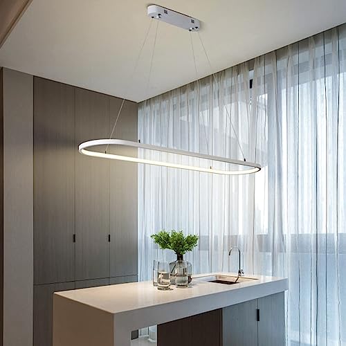 Bellastein Pendelleuchte Oval Esstisch Büro Lampen, LED Hängeleuchte Dimmbar Deckenleuchte mit Fernbedienung, Modern Ring Design Kronleuchter für Esszimmer Küchenlampe Blendfrei (weiß, L90cm) von Bellastein