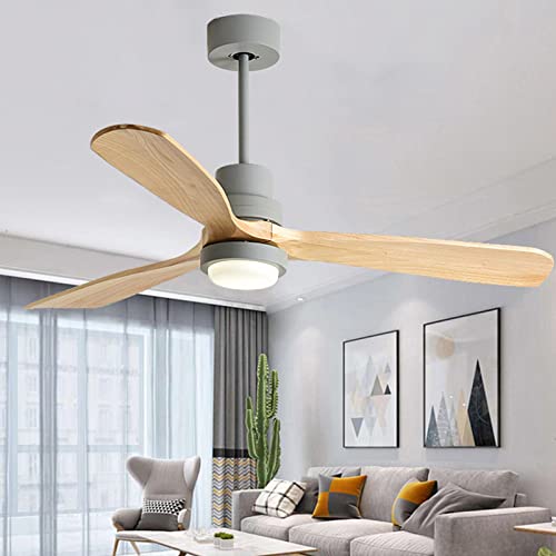 Holz Deckenventilator mit LED Beleuchtung 3 Farbe Pendelleuchte, Energiespar Frequenzumwandlung-Umkehrmotor Geräuschloser DC Motor 6 Geschwindigkeiten , geeignet für Sommer & Winter (52 Zoll , Grau) von Bellastein