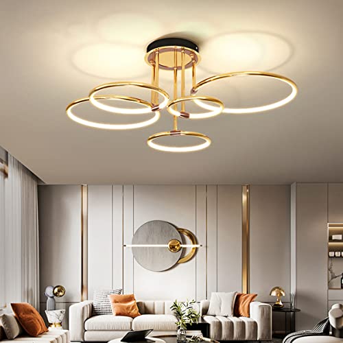 LED Deckenleuchte Creative Gold Ringsform Design Wohnzimmer Deckenlampe Dimmbar mit Fernbedienung Schlafzimmerlampe für Arbeitszimmer Wohnzimmer Schlafzimmer Esszimmer Beleuchtung (5 Ringe) von Bellastein
