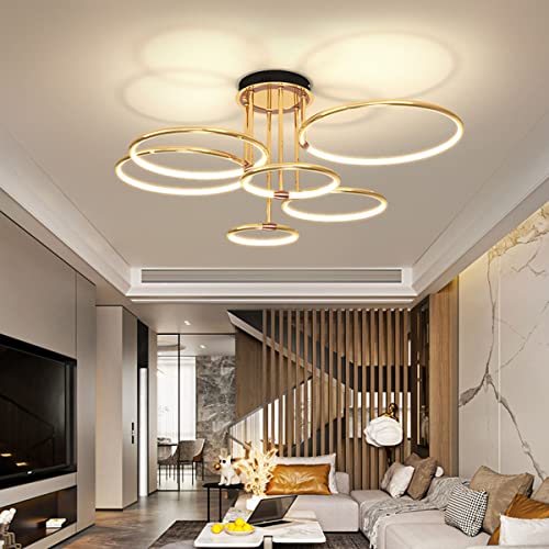 LED Deckenleuchte Creative Gold Ringsform Design Wohnzimmer Deckenlampe Dimmbar mit Fernbedienung Schlafzimmerlampe für Arbeitszimmer Wohnzimmer Schlafzimmer Esszimmer Beleuchtung (6 Ringe) von Bellastein