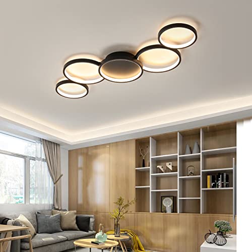 LED Deckenleuchte Moderne Wohnzimmer Lampe Schwarz Kreative 5 Ringe Design Deckenlampe Schlafzimmer Büro Deckenbeleuchtung Designer pendelleuchten Mit Fernbedienung Einstellbar Lichtfarbe/Helligkeit von Bellastein