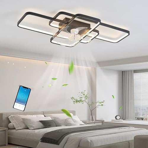 LED Deckenventilator Mit Beleuchtung, Modern LED Deckenleuchte Mit Ventilator, Leise mit Fernbedienung und APP Dimmbare Lampe mit Ventilator für Esszimmer Schlafzimmer Licht (Schwarz, L103cm) von Bellastein