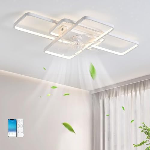 LED Deckenventilator Mit Beleuchtung, Modern LED Deckenleuchte Mit Ventilator, Leise mit Fernbedienung und APP Dimmbare Lampe mit Ventilator für Esszimmer Schlafzimmer Licht (Weiß, L85cm) von Bellastein