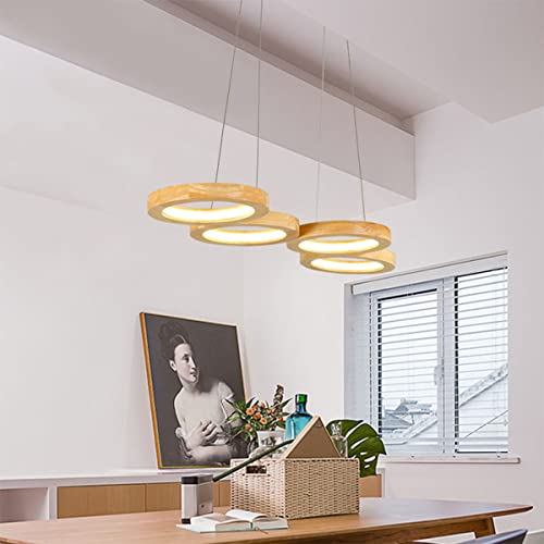 LED Pendelleuchte Dimmbar Holz Hängeleuchte Esstisch Pendellampe Höhenverstellbar Modern Einfach Rund Kronleuchter mit Fernbedienung für Schlafzimmer Wohnzimmer Esszimmer Küche (4 Ringe L75cm) von Bellastein