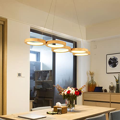 LED Pendelleuchte Dimmbar Holz Hängeleuchte Esstisch Pendellampe Höhenverstellbar Modern Einfach Rund Kronleuchter mit Fernbedienung für Schlafzimmer Wohnzimmer Esszimmer Küche (5 Ringe L90cm) von Bellastein