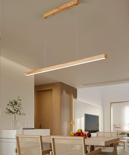 LED Pendelleuchte esstisch holz dimmbar, moderne LED Hängeleuchte mit Fernbedienung, höhenverstellbar moderne Linear design wohnzimmerlampe hängend für esszimmer büro Küche lampe (Holz, 100cm) von Bellastein