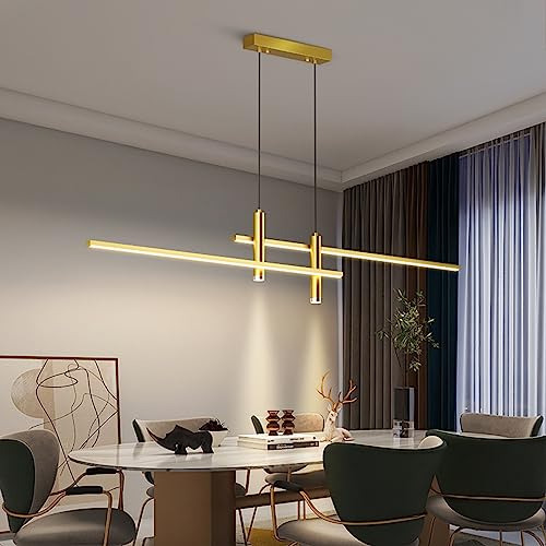 Moderne Esstisch Pendelleuchte LED Dimmbar Hängelampe Höhenverstellbar Kronleuchter mit Fernbedienung Hängeleuchte Wohnzimmer Lampe Wohnzimmer Küche Esszimmer Büro Deckenleuchte (Gold, L150cm) von Bellastein
