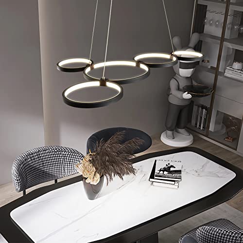 dimmbare Modern LED Pendelleuchte Rund Design Hängeleuchte Wohnzimmer Esszimmer Kronleuchter Schlafzimmer Leuchte Küche Esstisch Hängelampe Büro Beleuchtung Licht (Schwarz, 5-Ringe) von Bellastein