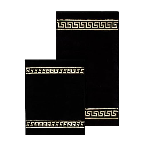 Badematte Badezimmerteppich Badteppich Duschmatte Badvorleger Set 2 teilig griechisches Mäander Muster in Schwarz Gold mit Noppen - 100% Baumwolle rutschfest waschbar Fussbodenheizung - 2er Set von Belle Arti