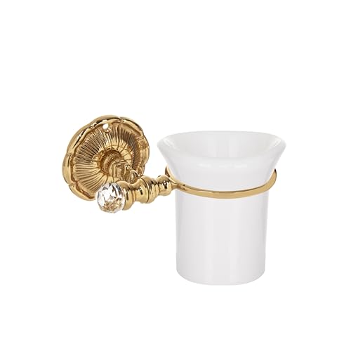 Becherhalter mit Zahnputzbecher Zahnbürstenbecher Becher für Badutensilien aus Keramik und Messing - Weiss Gold - Wandmontage (Design 2: Kristall) von Belle Arti