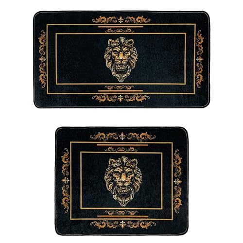 Belle Arti Badezimmerteppich Badematte Duschmatte Badvorleger Duschvorleger Set 2 teilig Löwe Motiv in schwarz Gold - rutschfest waschbar Fussbodenheizung geeignet flauschig - 2er Set, Design1: Löwe von Belle Arti
