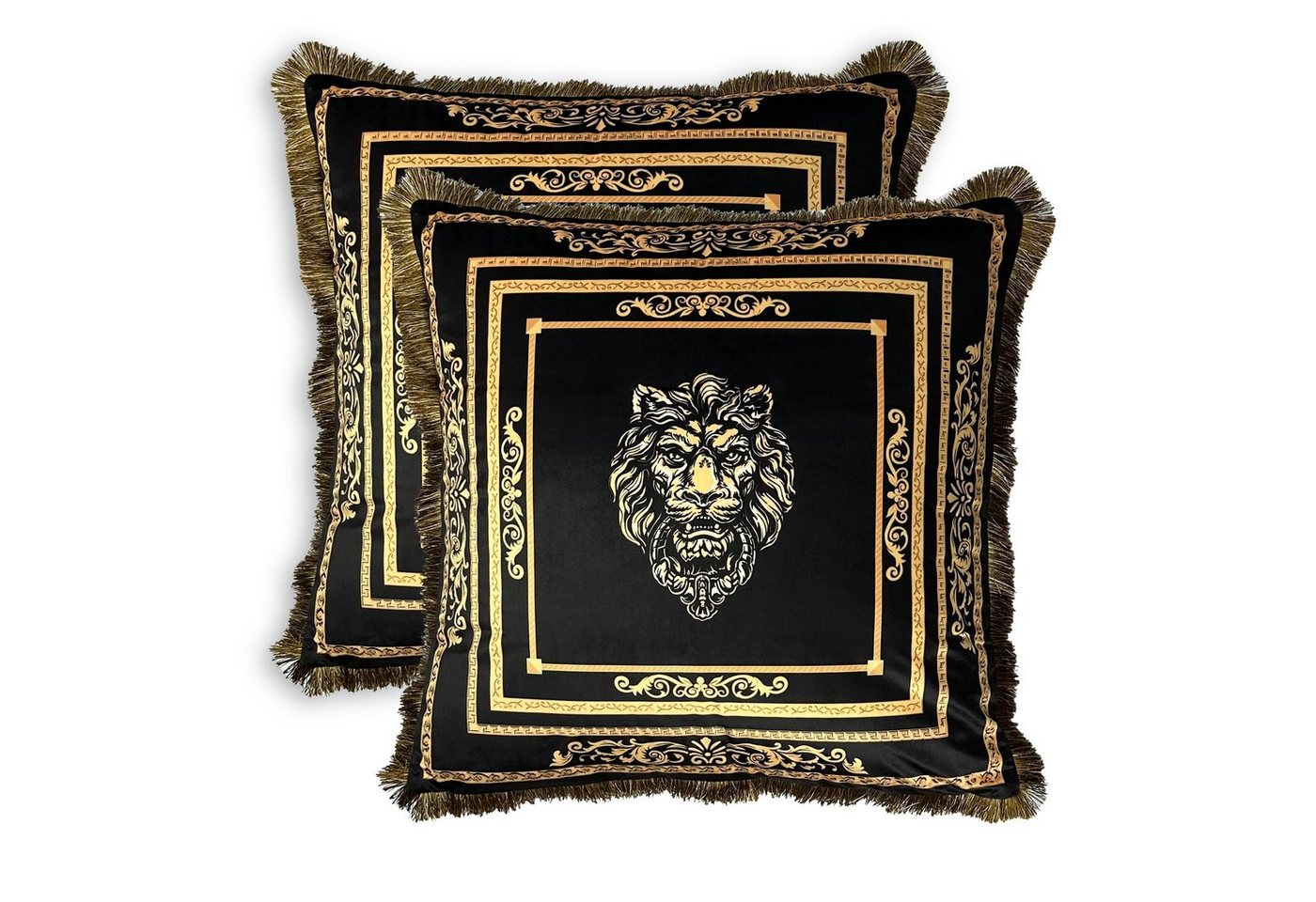 Belle Arti Dekokissen Kissen Zierkissen Sofa Samt 2er Set schwarz gold mit Bezug und Füllung, Sofakissen, Couchkissen, Rückenkissen, Löwenkopf, Löwe, Krone von Belle Arti