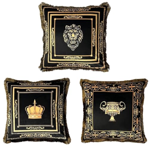 Belle Arti Dekorative Kissen Dekokissen Sofakissen 2er Set in schwarz Gold mit Bezug, Füllung und Motiv - Löwe, Amphore, Krone (Motiv: Krone, 2er Set - 1 x 45 x 45 & 1 x 60 x 60) von Belle Arti