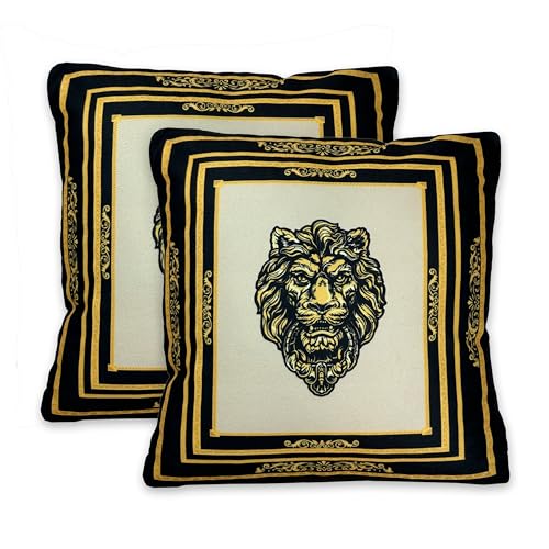 Belle Arti Dekorative Kissen Dekokissen Sofakissen 2er Set in schwarz Gold mit Bezug, Füllung und Motiv - Löwe, Amphore, Krone (Motiv: Löwe, 2er Set - 45 x 45 cm) von Belle Arti