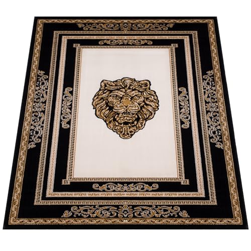 Belle Arti Exklusiver Teppich Wohnzimmer in Schwarz Gold mit Löwenkopf Motiv Kurzflor Schlafzimmer Esszimmer Antirutsch Antiallergisch - 100% Polyester Maschinengewebt (60 x 110 cm) von Belle Arti