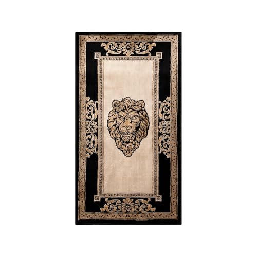 Belle Arti Exklusiver Teppich Wohnzimmer in Schwarz Gold mit Löwenkopf Motiv Kurzflor Schlafzimmer Esszimmer Antirutsch Antiallergisch - 100% Polyester Maschinengewebt (60 x 110 cm) von Belle Arti