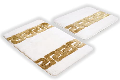 Luxus Badematte Badezimmerteppich Duschmatte Badvorleger Badgarnitur Set 2 teilig in weiss gold Mäander Muster 100% Acryl - rutschfest waschbar flauschig Fussbodenheizung geeignet - Weiss, 2er SET von Belle Arti