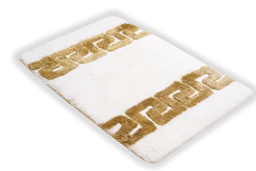Luxus Badematte Badezimmerteppich Duschmatte Badvorleger in weiss gold griechisches Mäander Muster 100% Acryl - rutschfest waschbar flauschig Fussbodenheizung geeignet saugfähig - Weiss, 60 x 90 cm von Belle Arti