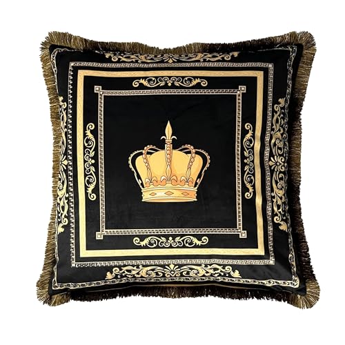 Belle Arti Luxus Dekokissen Sofakissen Samt in schwarz Gold mit Löwe, Amphore, Krone als Motiv, Bezug und Füllung (Motiv: Krone, 45 x 45 cm) von Belle Arti