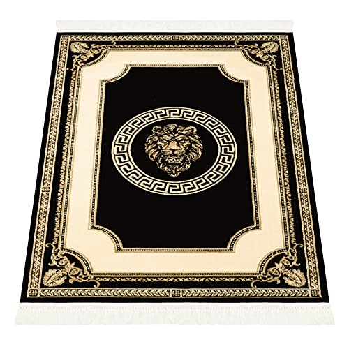Belle Arti Premium Designer Teppich Wohnzimmerteppich Kurzflor Mäander Löwen Kopf Muster mit Fransen in Schwarz Creme Gold - Seidenglanz modern weich flauschig rutschfest 100% Viskose - 160x230 cm von Belle Arti